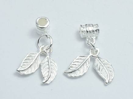 1pc 925 Sterling Silver Charm, Leaf 5.8x13mm, Tube Bail Bead 4.6x6.2mm-RainbowBeads