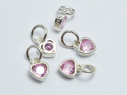 2pcs 925 Sterling Silver Pink Cubic Zirconia Heart Charm, 5.8x7.5mm-RainbowBeads