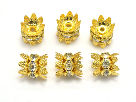 Rhinestone Spacer, 8mm, Double Bead Cap, Crown, Clear, Gold plated, 10 pieces-RainbowBeads