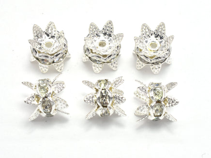 Rhinestone Spacer, 7mm, Double Bead Cap, Crown, Clear, Silver plated, 10 pieces-RainbowBeads