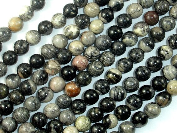 Black Silver Leaf Jasper, 6mm Round Beads RainbowBeads