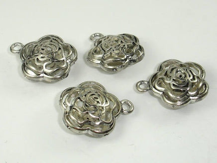 Metal Charms, Hollow Flower Pendant, Zinc Alloy, Antique Silver Tone 2pcs-RainbowBeads