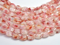 Lampwork-White & Red, 9x13mm Flat Wavy Barrel Beads, 12 Inch-RainbowBeads