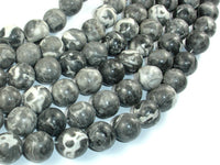 Black Fossil Jasper Beads, 14mm Round Beads, 15.5 Inch