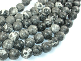 Black Fossil Jasper Beads, 14mm Round Beads, 15.5 Inch