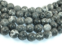 Black Fossil Jasper Beads, 14mm Round Beads, 15.5 Inch