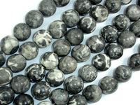 Black Fossil Jasper Beads, 14mm Round Beads, 15.5 Inch