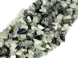 Black Rutilated Quartz, 4mm - 9mm Chips Beads, Long full strand-Rainbow Beads