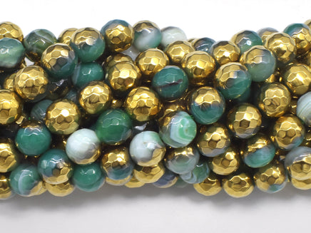 Mystic Coated Banded Agate-Green & Gold, 8mm, Faceted-RainbowBeads