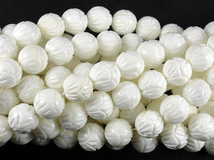 Tridacna Shell Beads, 10mm (10.5mm) Carved Lotus Flower Round Beads-RainbowBeads