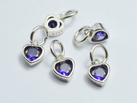 2pcs 925 Sterling Silver Violet Cubic Zirconia Heart Charm, 5.8x7.5mm-RainbowBeads