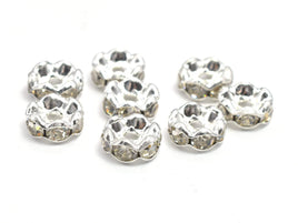 Rhinestone, 6mm, Finding Spacer Round, Clear, Silver plated Brass, 30 pieces-RainbowBeads