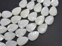 Mother of Pearl, MOP, White, 13x18mm Carved Leaf-RainbowBeads