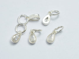 4pcs 925 Sterling Silver White Cubic Zirconia Teardrop Charms, 4x7mm-RainbowBeads