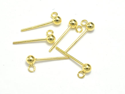 10pcs (5pairs) 24K Gold Vermeil Ball Earring Stud Posts, 925 Sterling Silver, with Open Loop, 14mm-RainbowBeads