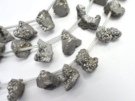 Raw Druzy Quartz Geode - Coated Silver, Approx. 15x18mm Nugget-RainbowBeads