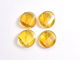 Crystal Glass 18mm Twisted Faceted Coin Beads, Yellow, 4pieces