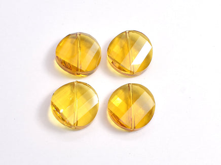 Crystal Glass 18mm Twisted Faceted Coin Beads, Yellow, 4pieces-RainbowBeads