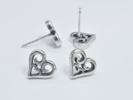 2pcs (1pair) 925 Sterling Silver Heart Earring Stud Post, 9.6x8.8mm Heart, 11mm Long-RainbowBeads