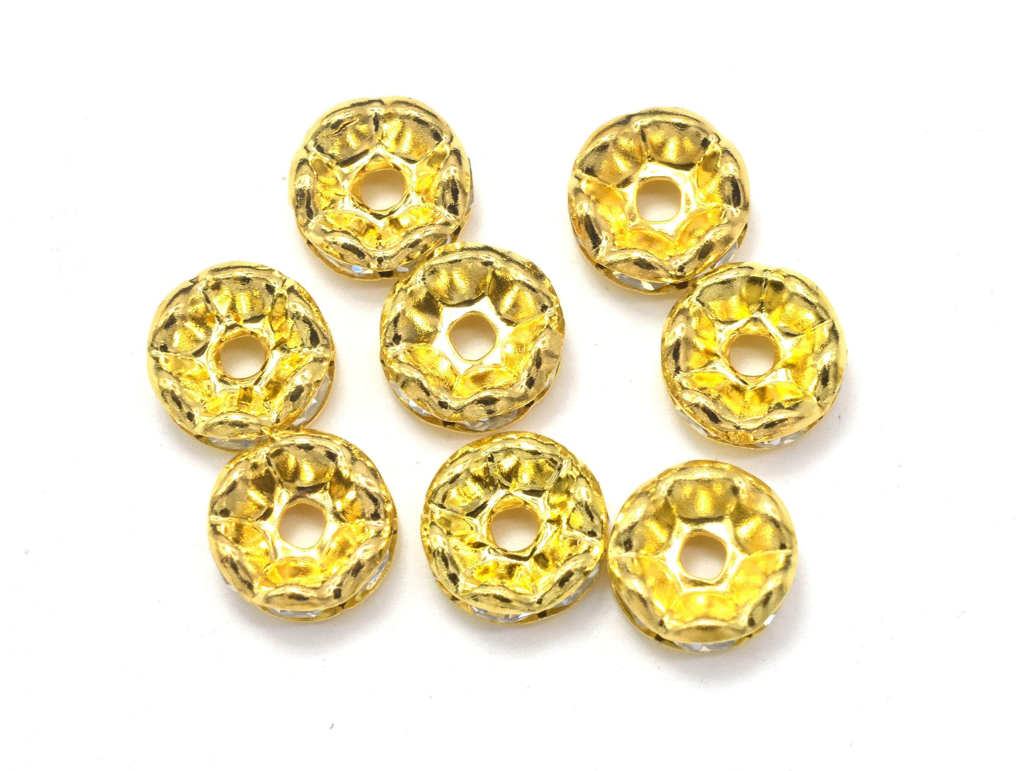 Rhinestone, 8mm, Finding Spacer Round, Clear, Gold plated Brass, 30 pi