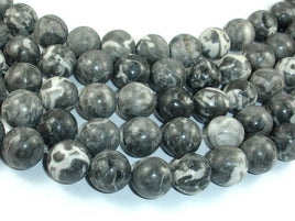 Black Fossil Jasper Beads, 14mm Round Beads, 15.5 Inch-RainbowBeads