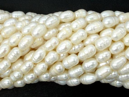 Fresh Water Pearl Beads, Rice, White, 6x(8-9)mm-RainbowBeads