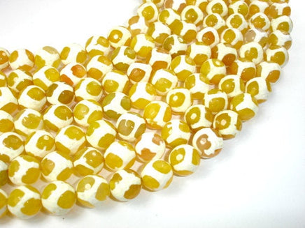 Tibetan Agate Beads, Yellow 12mm Faceted Round Beads-RainbowBeads