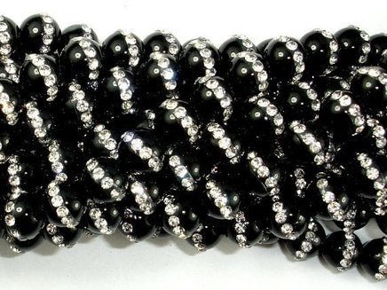 Black Onyx with Rhinestone, 8mm Round Beads-RainbowBeads